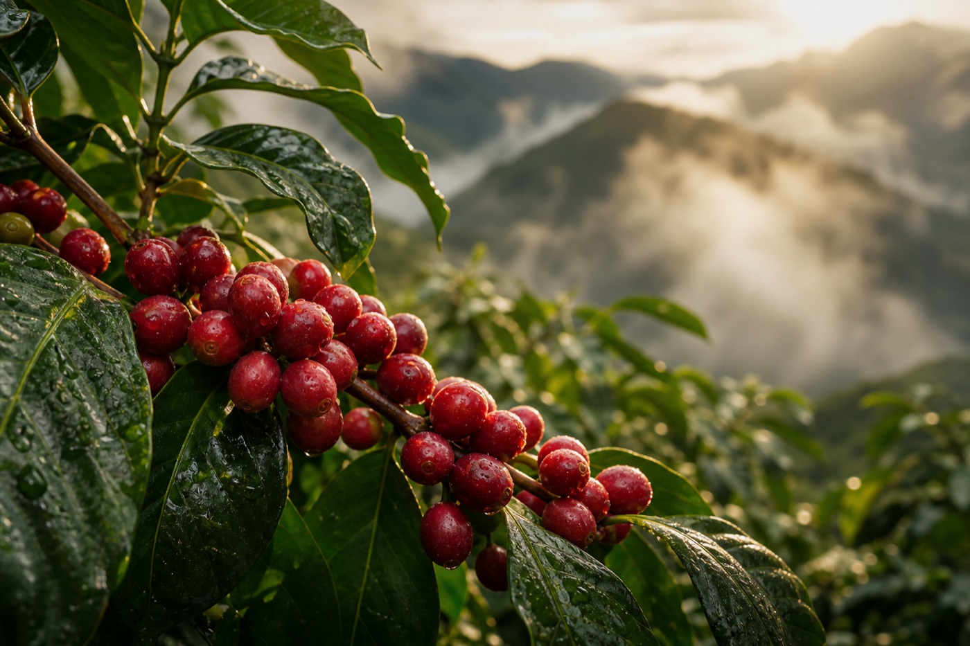 Ripe Jamaica coffee cherries on branch