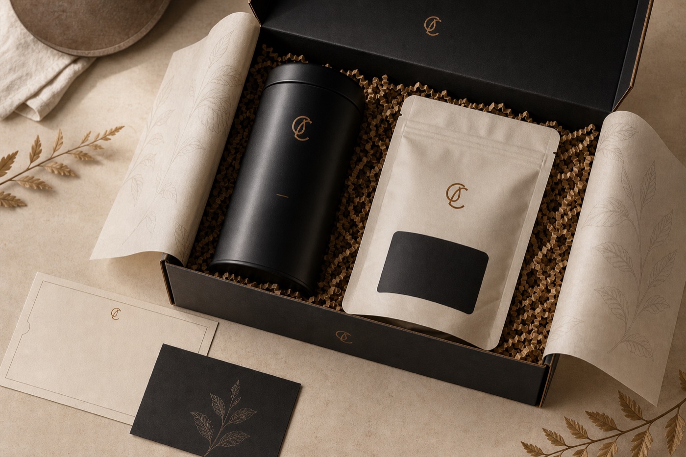 Premium Compounding Coffee gift box with tin, pouch, and cards