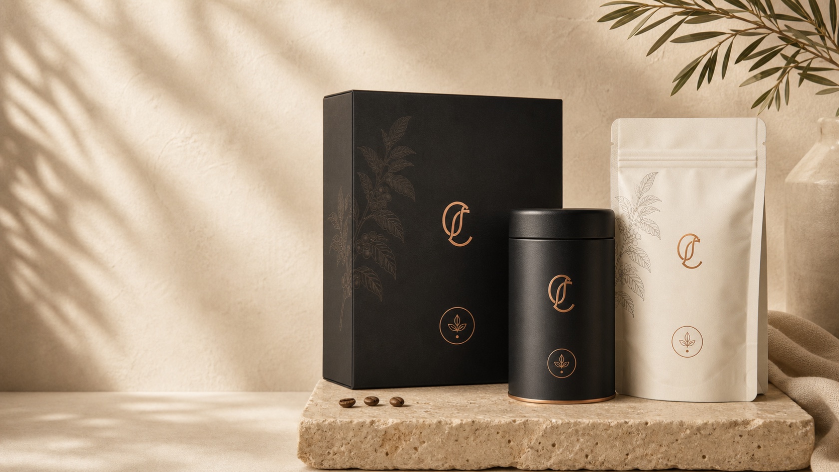 Premium Compounding Coffee packaging set on a warm cream backdrop