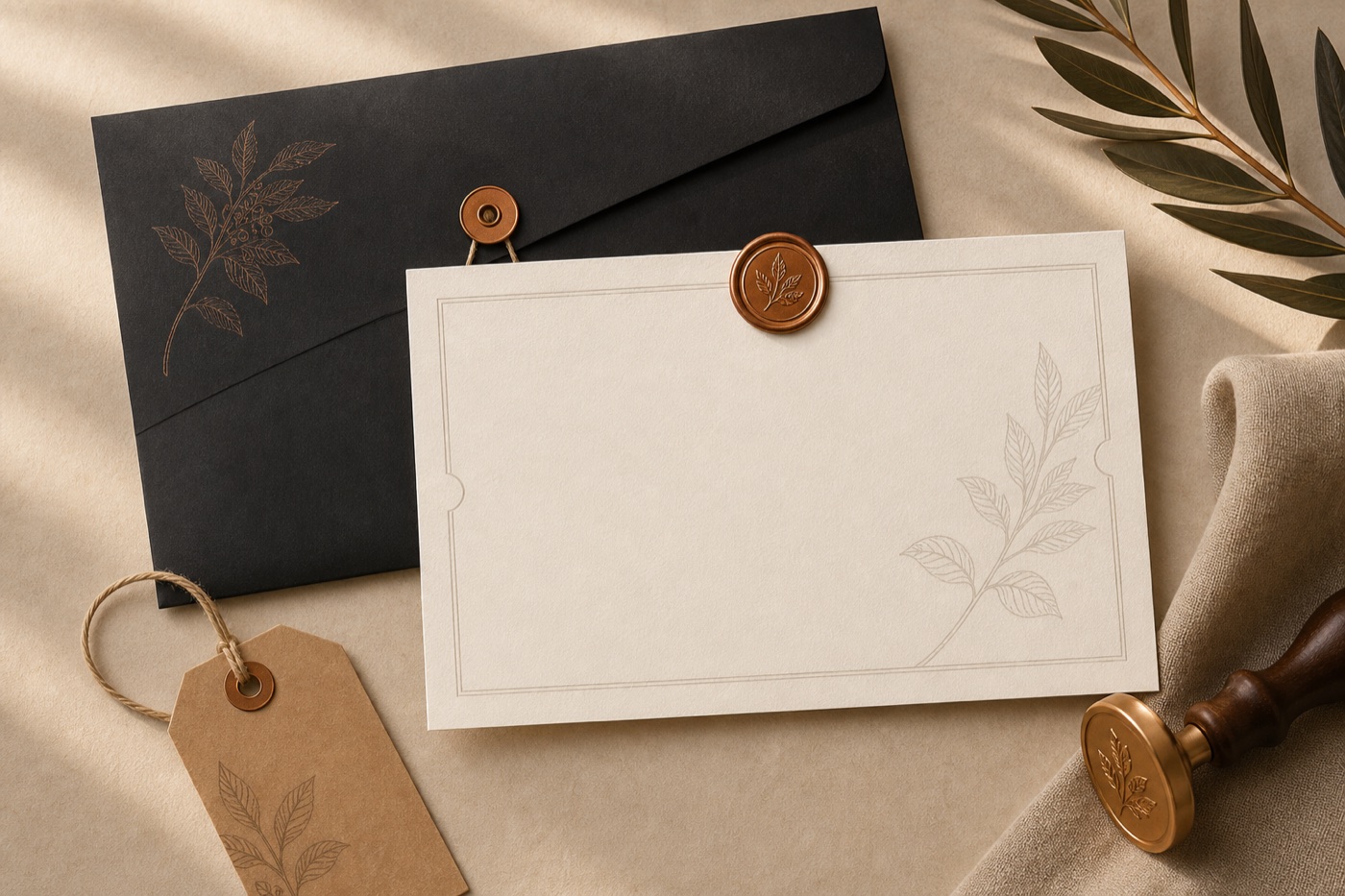 Blank giveback receipt card, black envelope, copper seal, and botanical detail